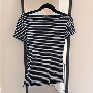 Lauren Ralph Lauren Women's Navy and White Striped Boatneck T-Shirt